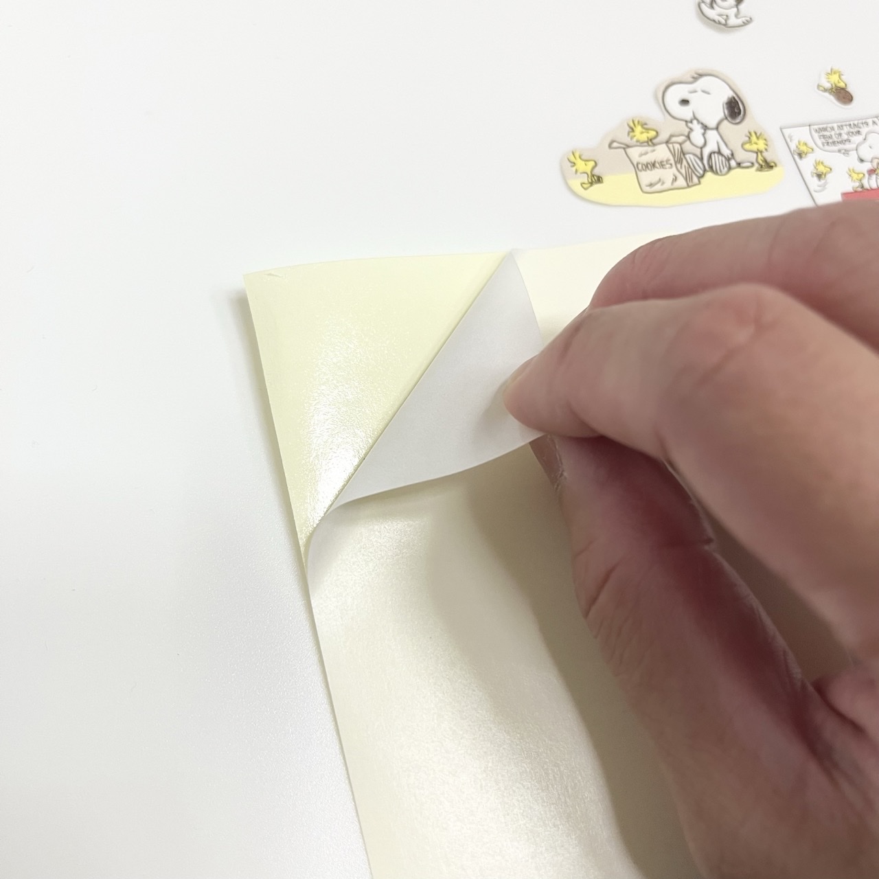 つくるんシートの白い剥離紙を角からはがす